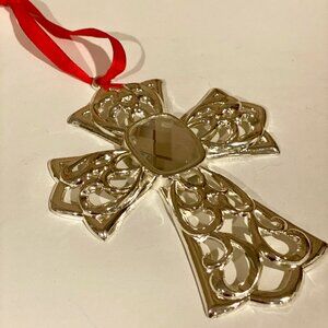 Lenox Silver Cross Christmas‎ Ornament 4.5" x 3.5" with Red Ribbon